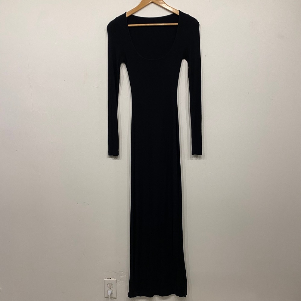 PUMIEY Black Ribbed Long Sleeve Scoop Neck Bodycon Maxi Dress Small
